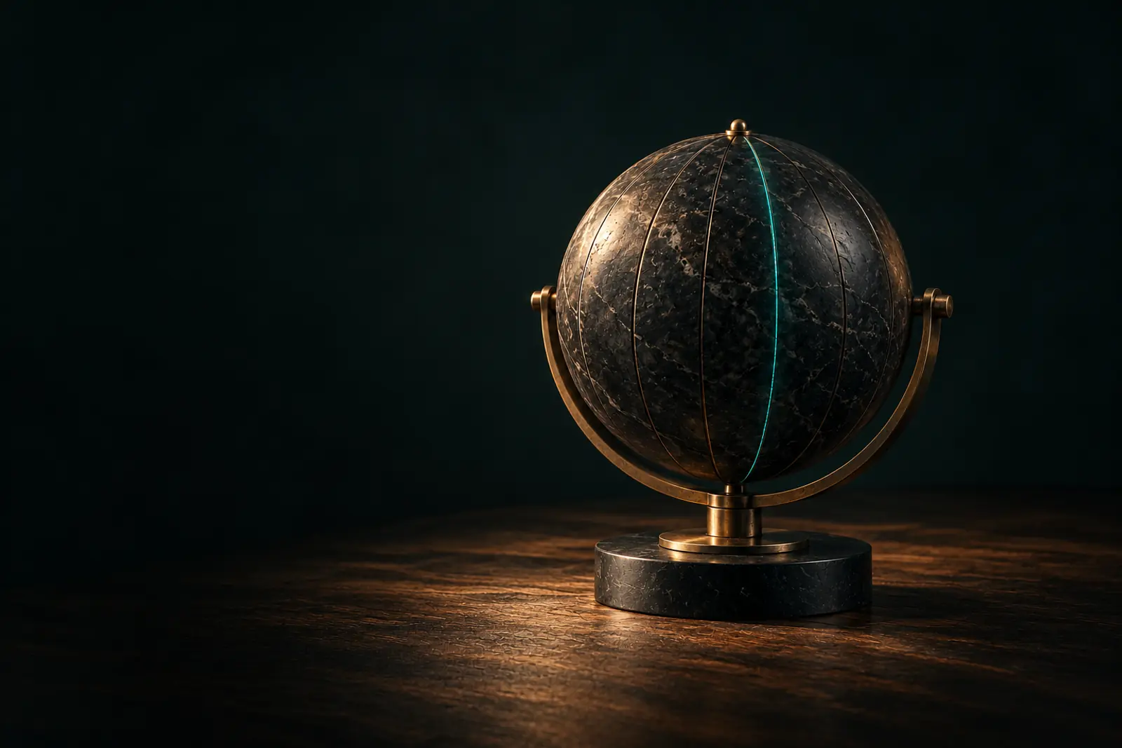Esfera de piedra con un meridiano de luz verde azulado sobre un soporte de latón