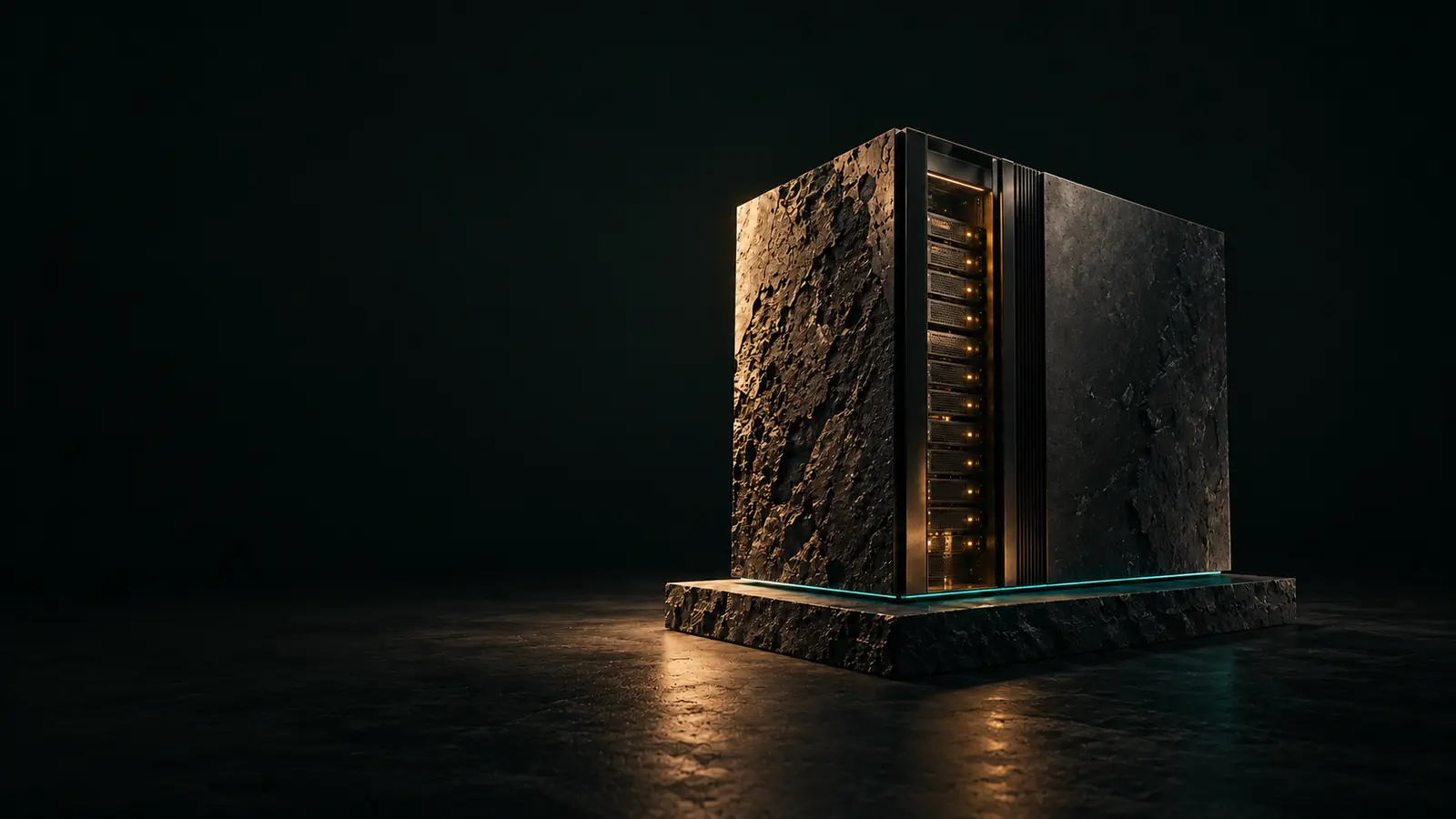 Basalt monolith with lit server trays and a thread of teal light at its base
