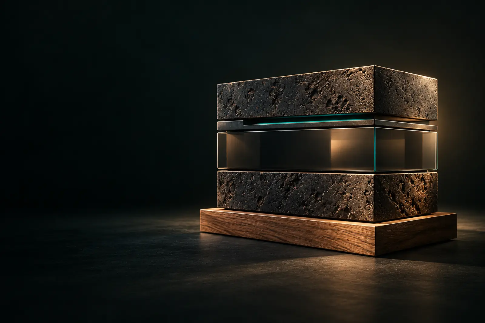 Placas de piedra y vidrio ahumado con una ranura de luz, sobre una base de roble