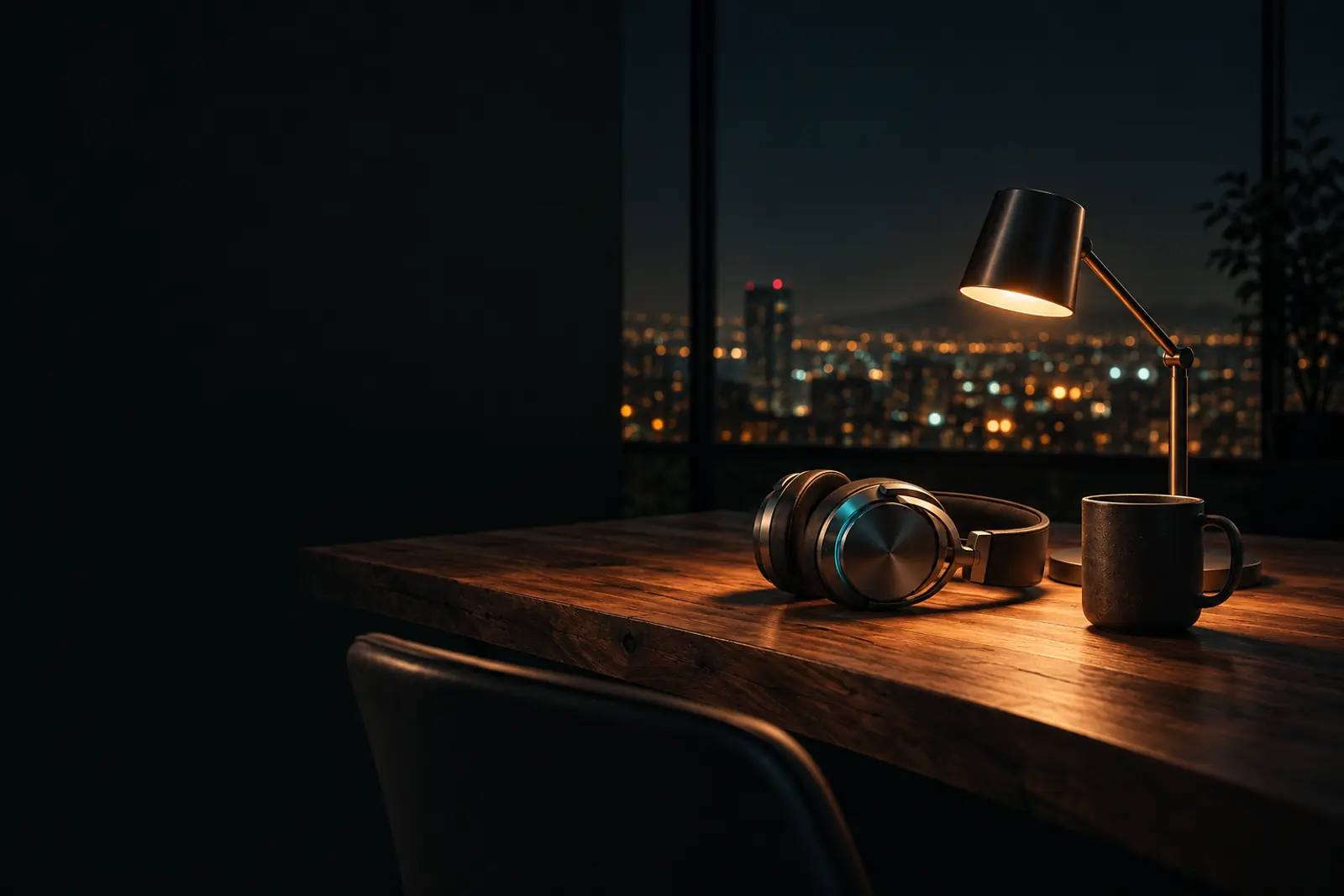Oak desk at night with headphones, a lamp and the city beyond